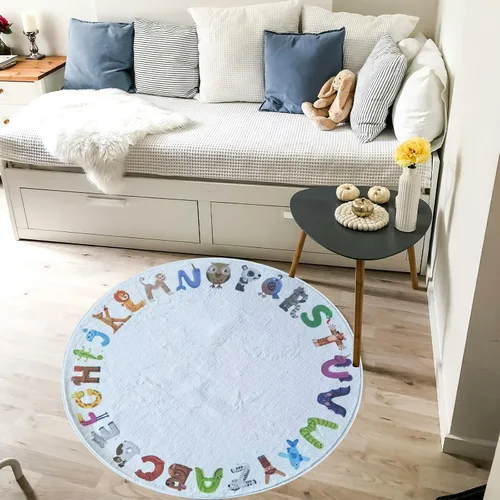 Miniatura 6 de Alfombra redonda de juegos para niños, alfombras ABC para niños, niños pequeños y bebés, alfombra de área de guardería, alfombra de juego suave