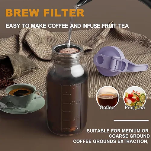Miniatura 6 de JunVpic Jarra para Café de Infusión en Frío - Jarra Mason de Vidrio Grueso de 64oz con Pico, Tapa, Asa y Filtro de Acero Inoxidable Multipropósito