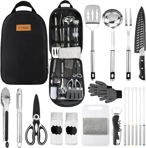 Bolsa de almacenamiento de utensilios de cocina para campamento, juego de utensilios de cocina de campamento, bolsa de almacenamiento portátil Negro