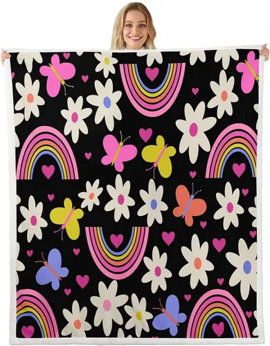 Girls Rainbow Flannel Blanket All Seasons,Rustic Blossom Daisy Flower Bed Blanket for Kawaii Home Decor,Watercolor Butterfly Blankets for Kids Girls