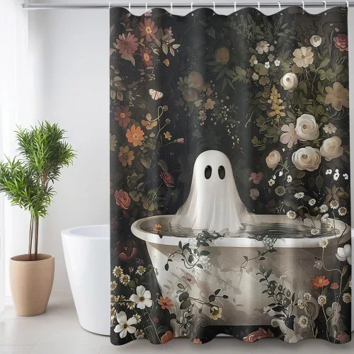 Cortina de ducha de Halloween con diseño de fantasma, para bañera, bosque de flores, cortina de ducha para baño, academia oscura, tina fantasma,