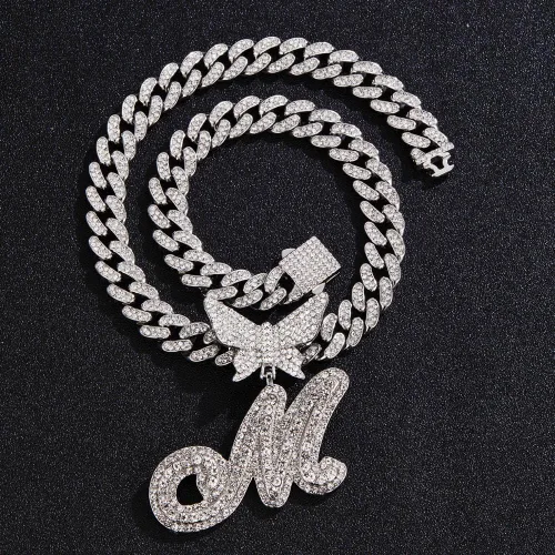 Miniatura 4 de Cadena de eslabones cubanos de plata para mujeres y hombres, letra inicial personalizada, collar personalizado, collar de diamantes de cadena