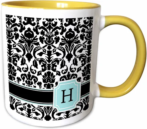 Miniatura 11 de 3dRose Letra H - Taza personal con monograma, diseño de damasco, azul menta y blanco, 11 onzas, color negro