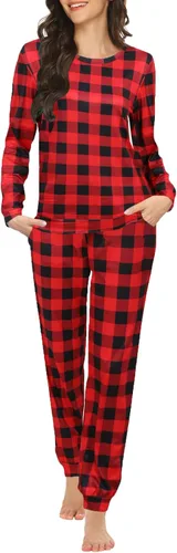 Miniatura 80 de Ekouaer Conjunto de pijama de manga larga para mujer, ropa de dormir suave con cuello redondo y bolsillos