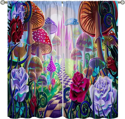 Miniatura 17 de Cortinas semitraslúcidas de hongos, estilo bohemio, plantas místicas, sol, luna, tratamiento de ventana para dormitorio, sala de estar, cocina