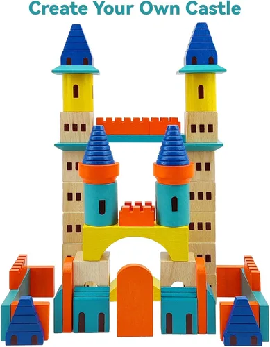 Miniatura 3 de Xylolin Juego de bloques de construcción de castillo de madera, juguete de bloques apilables de madera de haya maciza grande, juego de construcción
