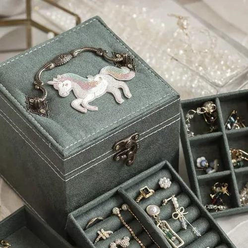 Miniatura 4 de Lemonadeus Organizador de joyas retro de terciopelo de 3 capas para mujeres y niñas pequeño joyero de viaje portátil aretes collares pulseras