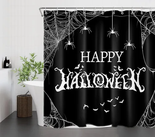 Miniatura 13 de LB Cortina de ducha espeluznante de Halloween, árbol muerto espeluznante con tela de araña de murciélago, cortina de ducha de baño con temática