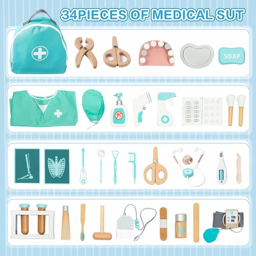 Miniatura 2 de umu Kit de médico para niños, juguete de simulación de 36 piezas de madera para niños pequeños, kit de dentista Montessori Toys para niños y niñas