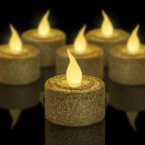 Miniatura 16 de FURORA LIGHTING Velas de Té LED con Purpurina Dorada Champaign, Paquete de 12, Velas de Té Parpadeantes Sin Llama para Decoración del Hogar, Oro