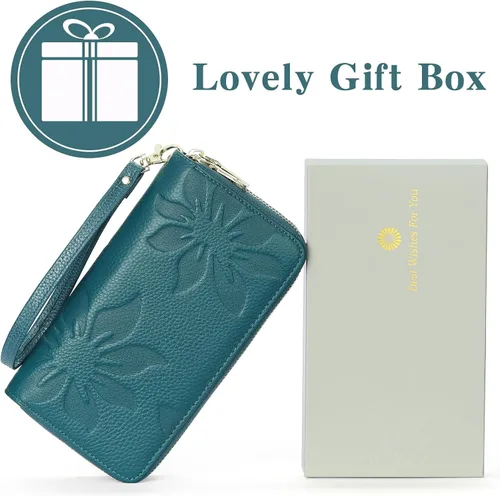 Miniatura 6 de GOIACII Cartera de mujer de gran capacidad con doble cremallera para mujer, soporte para teléfono con bloqueo RFID, correa de cuero, A02 Verde