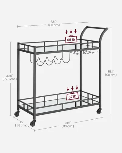 Miniatura 6 de VASAGLE Carrito de bar negro, carrito de servicio para bar en casa, carrito de vino con 2 estantes espejados, soportes para vino, soportes