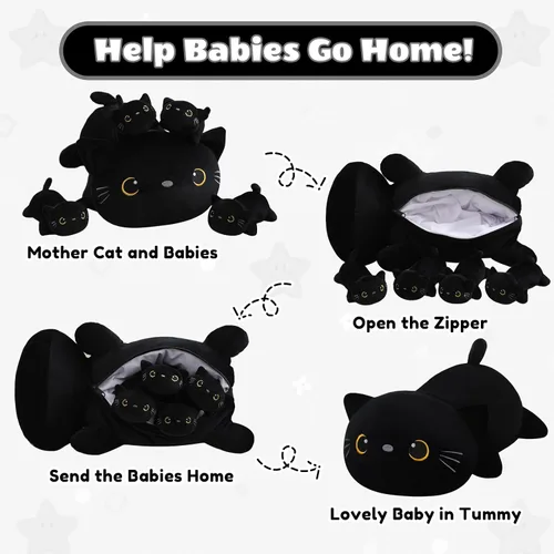 Miniatura 4 de SQEQE Peluche de gato negro con 4 bebés, gato en la barriga, lindo gato negro de peluche para niños, regalos ideales para Navidad, San Valentín