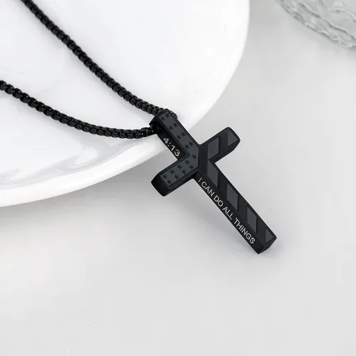 Miniatura 37 de Collar de cruz para hombre, regalo de Navidad, colgante de cruz, versículo bíblico, collares de acero inoxidable