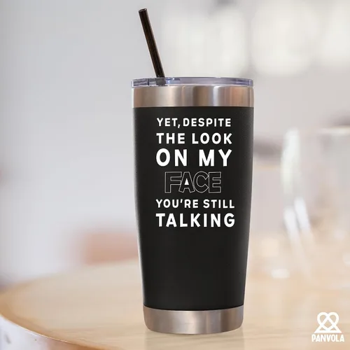 Miniatura 7 de Aunque a pesar de la mirada en mi cara, sigues hablando Taza de acero inoxidable con aislamiento al vacío, regalo sarcástico de compañeros