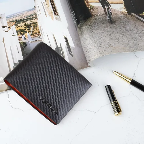 Miniatura 7 de VISOUL Billetera de cuero de fibra de carbono con bloqueo RFID para hombre con 2 ventanas de identificación cartera de cuero para hombre Negro