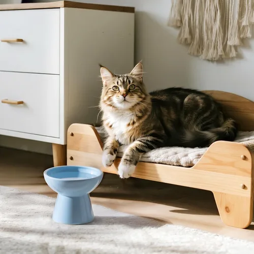Miniatura 3 de CEEFU Cuenco de agua elevado extra ancho de cerámica para gatos, plato más profundo de 6.2 pulgadas para aliviar la fatiga de los bigotes, 5 Azul