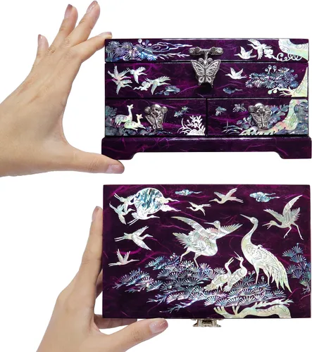 Miniatura 4 de MADDesign Mother of Pearl Joyero lacado con grúas de dos niveles color morado