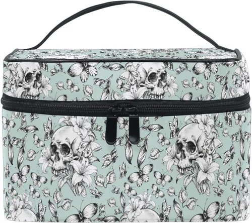 Miniatura 14 de Bolsa de Maquillaje, Estuche de Maquillaje Organizador de Viaje con Diseño de Calavera y Flores, Estuche de Cosméticos, Bolsas de Aseo para Niñas