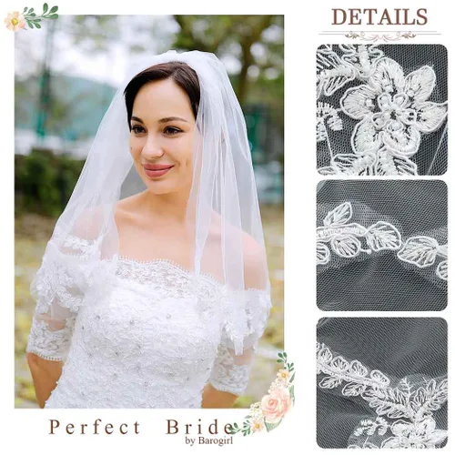 Miniatura 5 de Unsutuo Velo de boda marfil con apliques de encaje cortos para novia, longitud al hombro, velo de tul nupcial con peine para mujeres y niñas