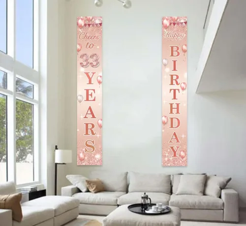 Miniatura 5 de Cartel de oro rosa con texto en inglés «Happy Birthday» «Cheers to 33 años», globos de confeti para decoración temática de confeti para puerta