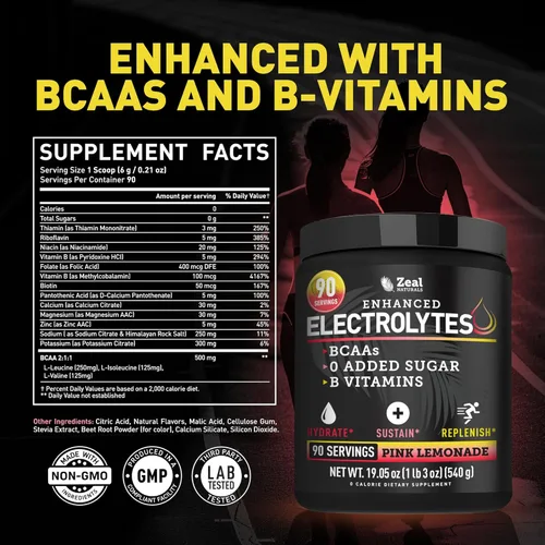 Miniatura 2 de Zeal Electrolyte Powder - 90 porciones Polvo de electrolitos Keto Cero azúcar, BCAAs, vitaminas B Potasio, zinc, magnesio Polvo
