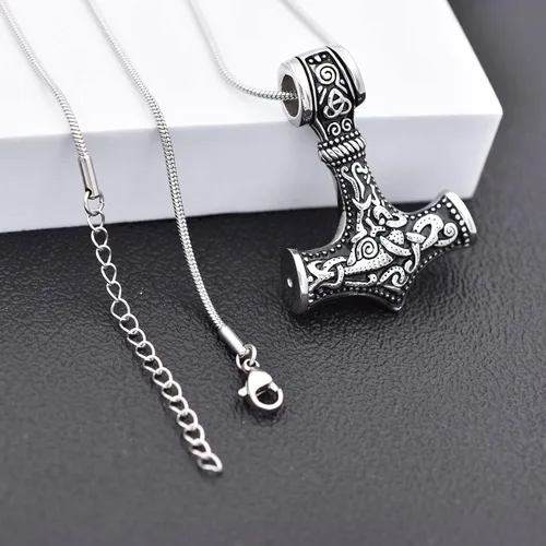 Miniatura 16 de Collar de urna de talismán de martillo de Thor vikingo nórdico para cenizas, acero inoxidable para hombre, joyería de cremación vintage, amuleto