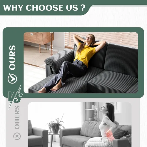 Miniatura 6 de Vongrasig Sofá Seccional Convertible, Sofá en Forma de L de 3 Asientos con Almohadas Removibles Tela de Pana Suave Sofá Pequeño de Mediados de Siglo