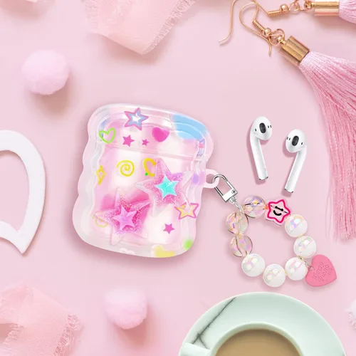 Miniatura 4 de Bonita funda para AirPods con colgante de amor, llavero de cuentas redondas coloridas, diseño de estrellas 3D con purpurina, funda protectora suave