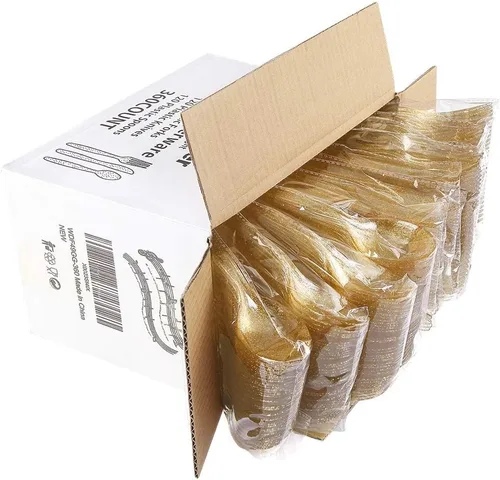 Miniatura 8 de WDF Cubiertos de plástico dorado 360, cubiertos desechables con purpurina dorada, cubiertos de plástico con 120 tenedores, 120 cucharas, 120