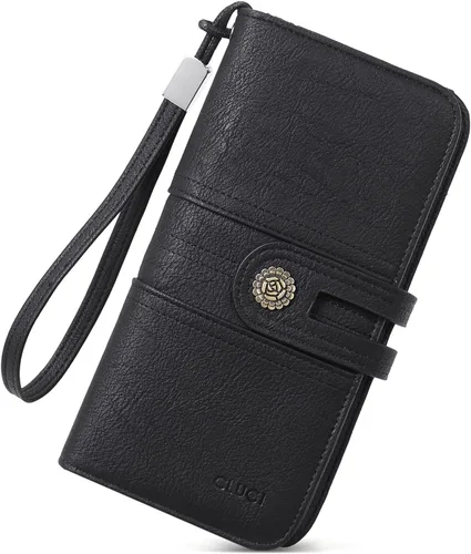 CLUCI Cartera grande de cuero para mujer, organizador de tarjetero, organizador largo para mujer, bolso de mano de viaje, 1 Negro, Vintage