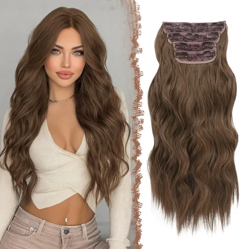 Miniatura 16 de FESHFEN Extensiones de cabello con clip - 4 piezas Extensiones de cabello sintético ondulado largo y grueso con clip para cabeza completa