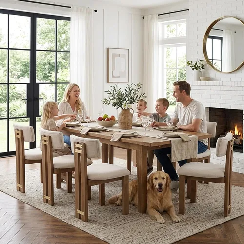 Miniatura 8 de HNY Juego de 6 sillas de comedor de estilo moderno de granja con lino, sillas tapizadas en tela beige para cocina y comedor con estructura de madera