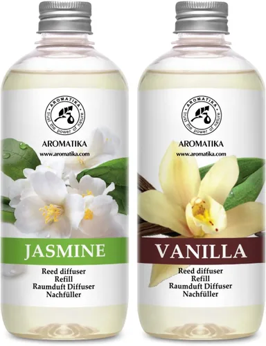 Juego de repuesto para difusor de varillas de vainilla y jazmín con aceite esencial de jazmín, 34 onzas líquidas, 2 x 16.9 fl oz, repuesto para