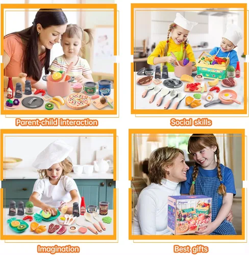Miniatura 7 de 80 piezas de juego de cocina de simulación para niños pequeños, juego de utensilios de cocina con ollas/sartenes/comida/frutas/verduras/manta de Rosa