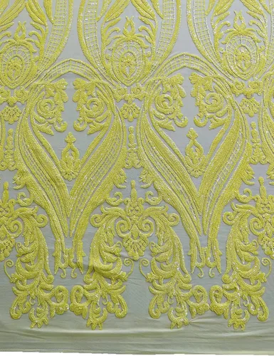 Miniatura 4 de Telón de fondo King INC Empire Damask Design con lentejuelas bordadas en una tela de malla elástica de 4 vías (amarillo brillante)