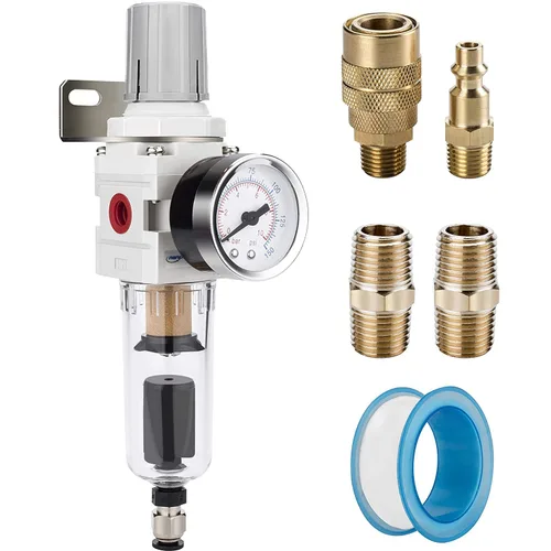 Miniatura 9 de NANPU Filtro Regulador de Aire Comprimido NPT de 3/8" Combo Piggyback, Drenaje Semi-Automático, Elemento de Latón de 5 Micrones, Tazón de Polímero