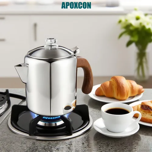 Miniatura 8 de APOXCON Cafetera de acero inoxidable con mango de madera maciza ignífuga y perilla de progreso de cerveza transparente de vidrio resistente, olla