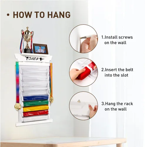 Miniatura 5 de Tilhumt 10/12 Belts Karate Belt Display Rack with Photo Shelf, Felt Taekwondo Belt Display Rack Martial Arts Belt Display for Adults TKD, BJJ Blanco