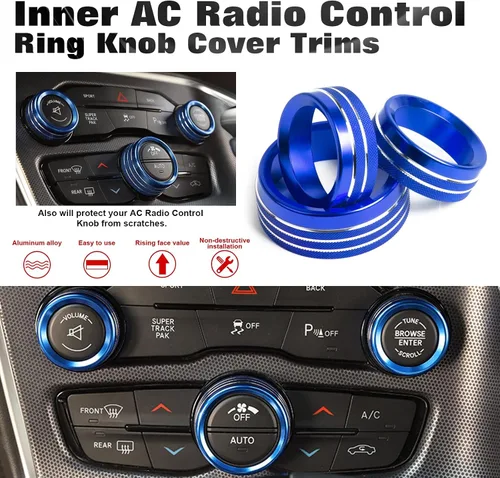 Miniatura 6 de Xotic Tech - 3 piezas de aluminio azul CA para interruptor de volumen de radio climática de control de botón de control compatible con Dodge Charger