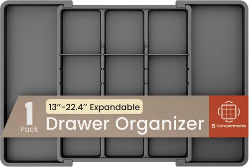 Miniatura 11 de Organizador de cajones de utensilios expandible negro, 1 paquete, ajustable de 13 a 22.4 pulgadas, organizador de cubiertos de 5 compartimentos