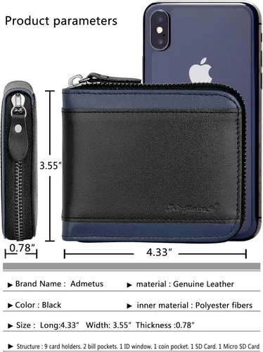Miniatura 22 de Admetus Billeteras con bloqueo RFID para hombre, billetera de cuero con cremallera para hombres con tarjetero RFID plegable