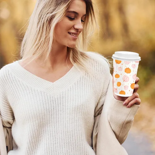 Miniatura 6 de JarThenaAMCS 100 tazas de café desechables de otoño con tapas, taza de papel de calabaza rosa naranja de 16 onzas, taza de papel de calabaza