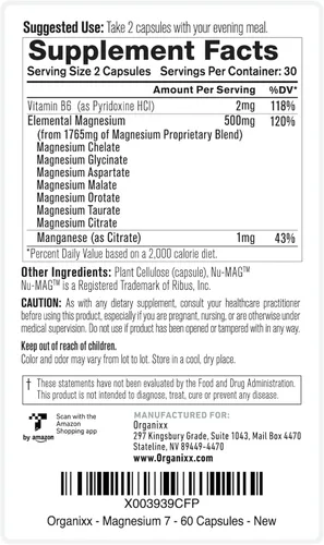 Miniatura 7 de Organixx Suplemento de Magnesio 7, Cápsulas Naturales de Magnesio para Apoyo del Sueño, Recuperación Muscular, con Vitamina B6 y Citrato y Glicinato