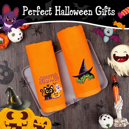 Miniatura 2 de Quera Paquete de 2 toallas de mano de Halloween, 100% algodón, bordadas, decoración de lujo de primera calidad, juego de toallas decorativas