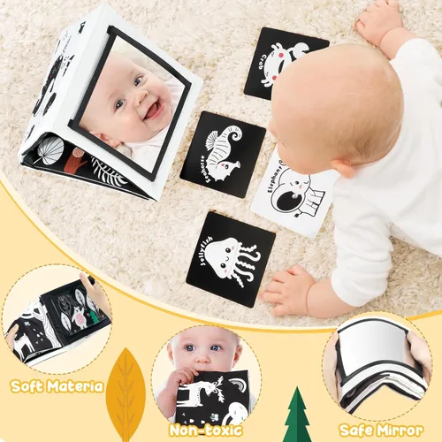 Miniatura 5 de URMYWO Juguetes con espejo para tiempo boca abajo, tarjetas de aprendizaje con estimulación visual, juguetes para bebés de alto contraste en blanco