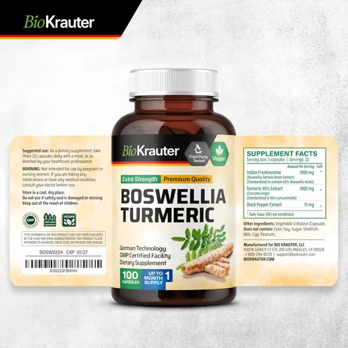 Miniatura 8 de BIO KRAUTER® Suplemento de curcumina de cúrcuma con boswellia para apoyo de la movilidad, cúrcuma vegana con pimienta negra y extracto de boswellia