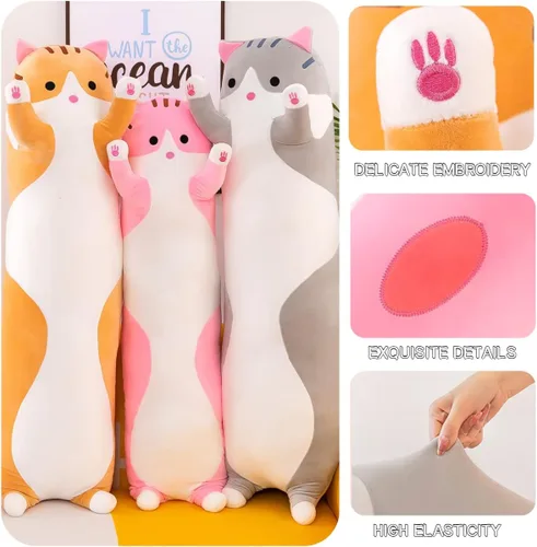 Miniatura 4 de Almohada gigante de gatos de peluche con dibujos animados y gatitos, almohada para dormir, suave y larga, almohada para el cuerpo, muñeca y gato