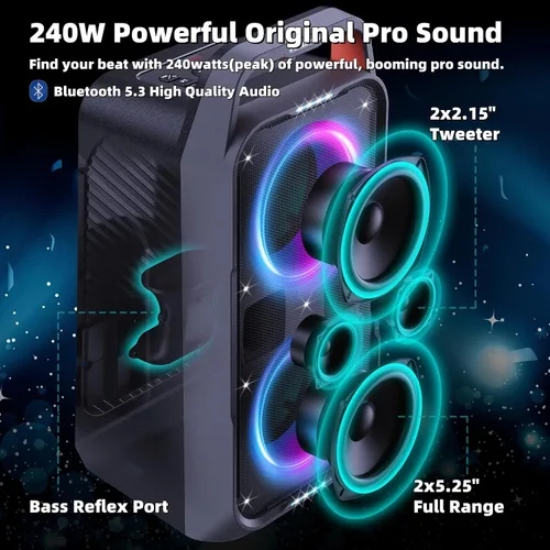 Miniatura 2 de Foxdawn Altavoz Bluetooth para fiestas: 240 W pico de sonido fuerte, graves profundos, tiempo de reproducción de 15 horas, carga rápida, IPX4