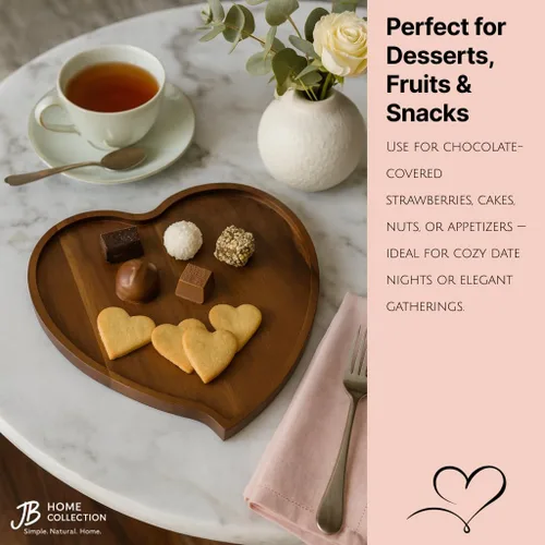 Miniatura 3 de JB Home Collection, Bandeja romántica de madera de acacia con forma de corazón, bandeja para servir aperitivos, pasteles, frutas, frutos secos